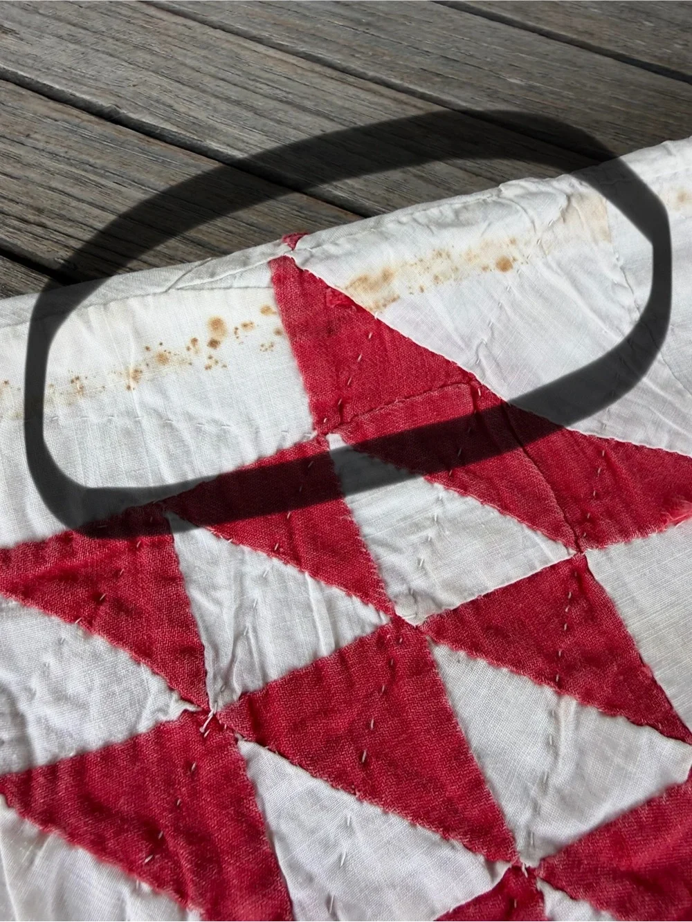 Vintage Pickle Dish Quilt Hand Stitched Red White Gauzy Cotton Thin 57x89 READ
